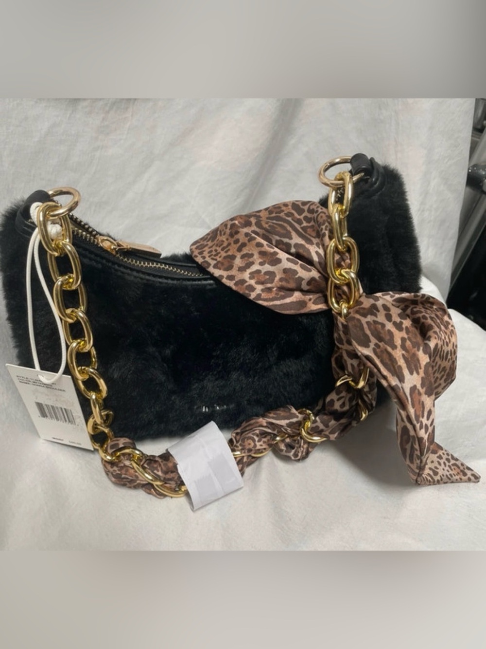 Jessica Simpson Black Faux Fur Shoulder Bag with Gold Chain & Leopard Scarf